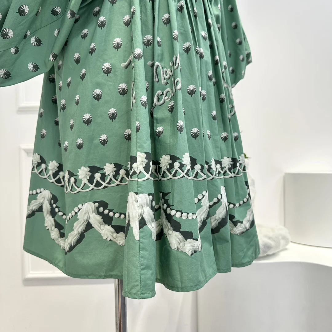 Latest Summer 2023 Top Quality Casual A-line Green Long Lantern Sleeve Cotton Mini Dress for Women with Diamond Buttons