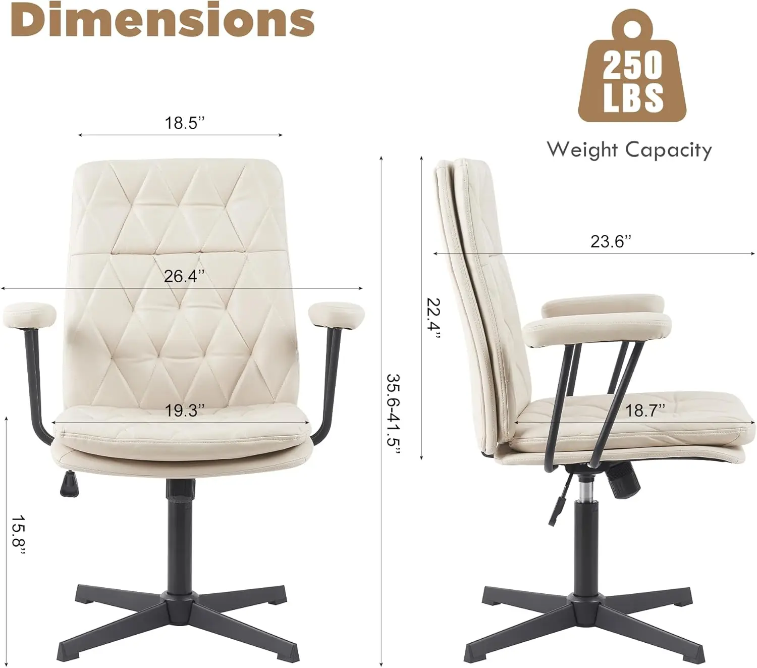 Cream White Desk Chair for Home Office, Without Wheels, Swivel Tilt, Criss Cross Legs, Solid Accent
