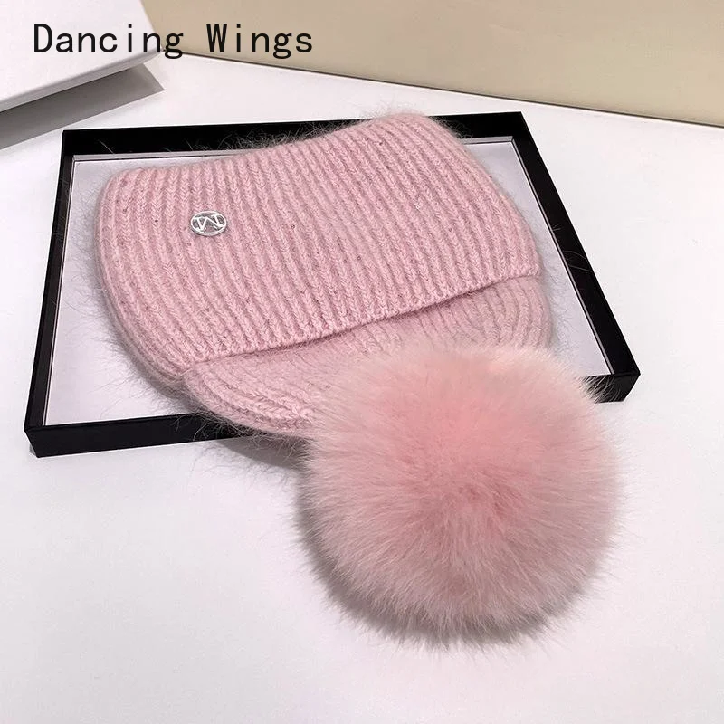 

Winter Real Fur Beanies Female Warm Rabbit Fur Knitted Hats Natural Fox Fur Wool Hat Fashion Women Fur Pompom Hat