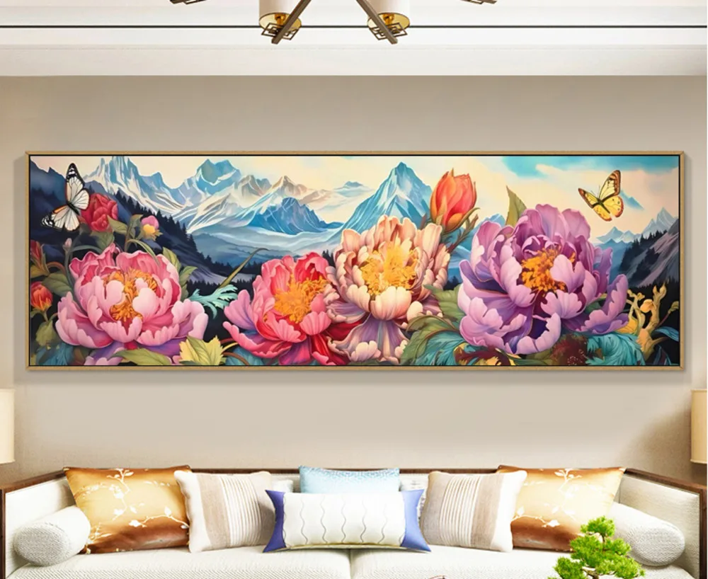 Handmade embroidery cross stitch finished mirror water cloud Cen 230 * 75 large living room wealth making peony hot selling item