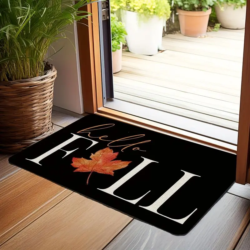 VIKAMA Fall Doormat Minimalist Maple Leaf Letter Print Washable Non Slip Floor Mat Front Porch Entrance Rug Autumn Home Decor