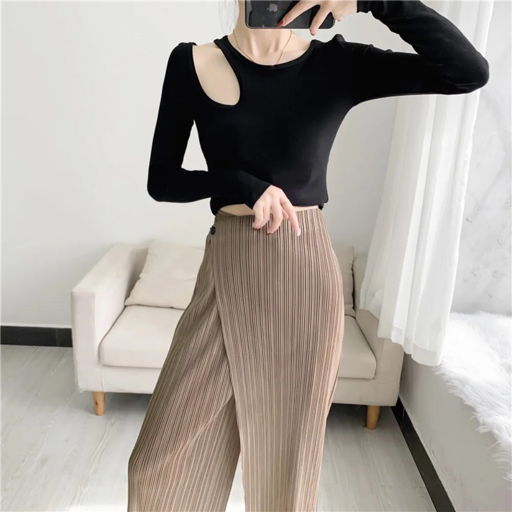 

Miyake Pleated Wide Leg Ankle-length Pants for Women 2025 Summer New Simple Elastic Waist Solid Color Straight Female Trsouser