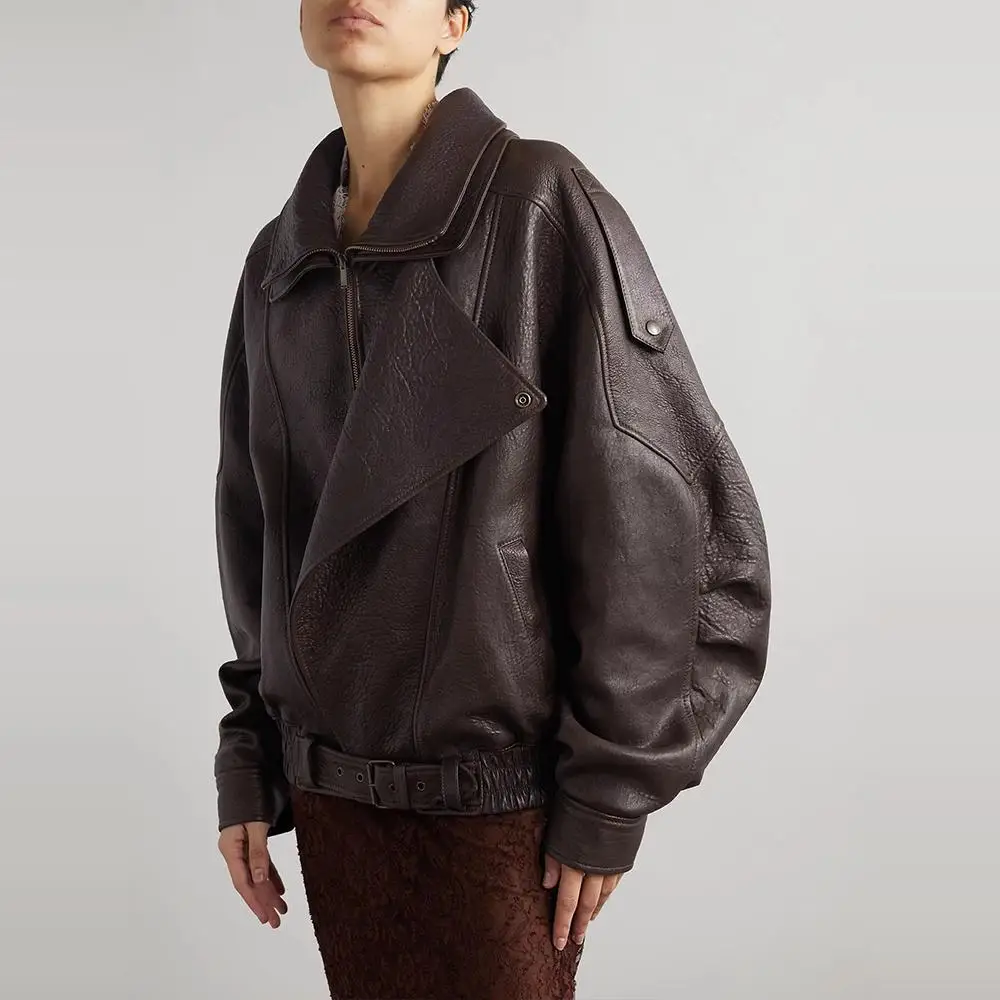 

2025 Autumn and Winter Bubble Pattern Leather Jacket Women's Double Neck Short Locomotive Silhouette Jacket Loose Coat