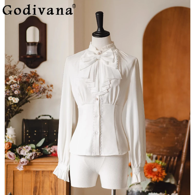 

Original French Elegant Retro CLA White Shirts Spring Autumn New 2025 Japanese Women's Slim Fit Lolita Long Sleeve Blouses Tops