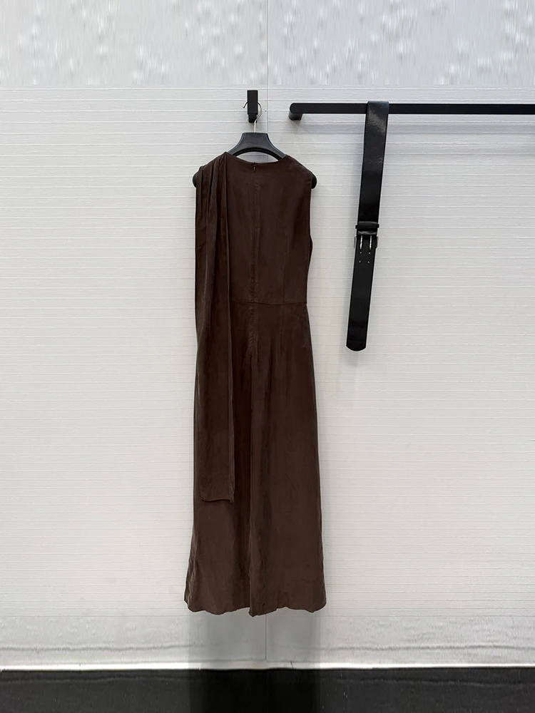 Spring Summer Fashion Mocha Brown Copper-amine Thread Bunting Long Dress Women's V-Neck Sleeveless High Waist Vintage Dresses