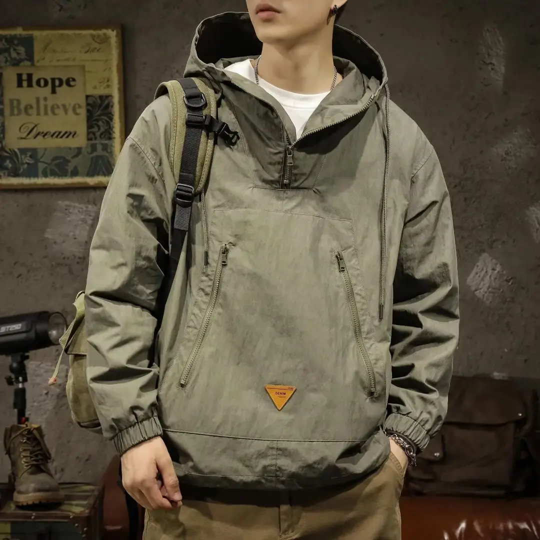 Outdoor Camping  Hooded Men's Loose Plus Size Spring Japanese Style Half-Zip Casual Jacket Coat