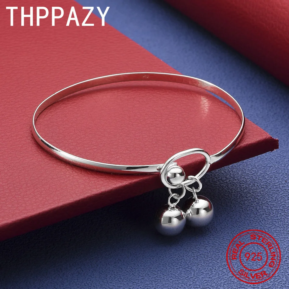 

THPPAZY 925 Sterling Silver Two-Bead Round Adjustable Bangle Simple New Style Jewelry For Men Women Fashion Party Birthday Gift