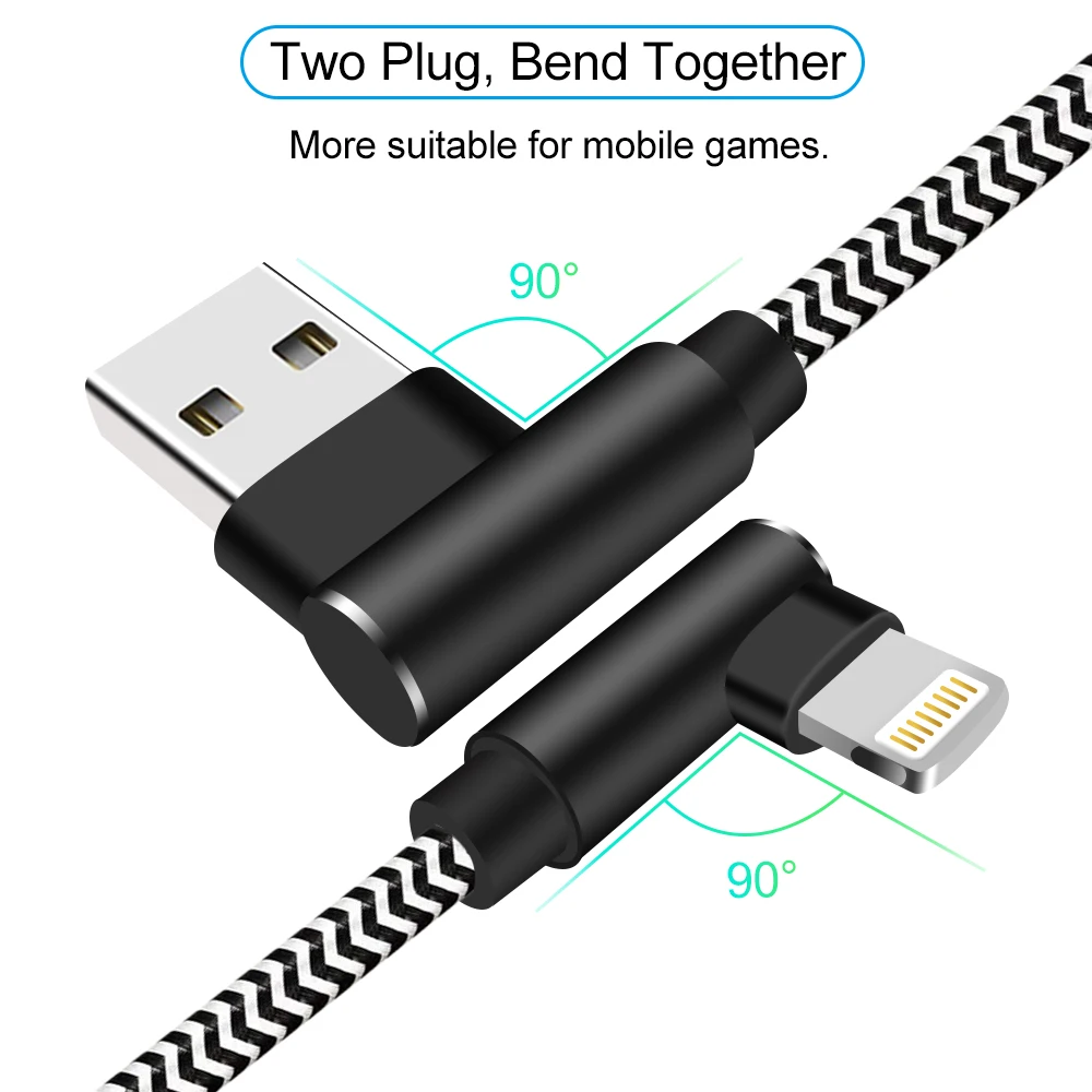 

90 Degree USB Cable Fast Charging 3A Data Sync Cord for iPhone 14/13/12/11 pro Max/Xs/X/XR 6/6s/7/8 plus iPad Mini - Durable Cha