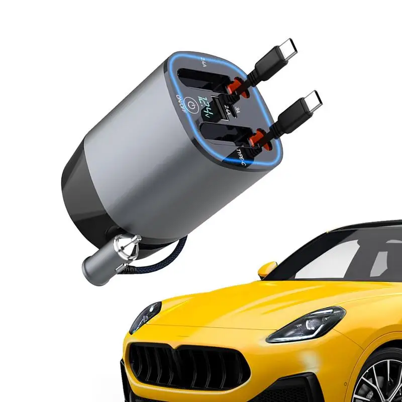 

Fast Car Phone Charger 5 In 1 Smart Car Cell Phone Charger With Dual Retractable Cables Car Diffuser With LED Lights 100W