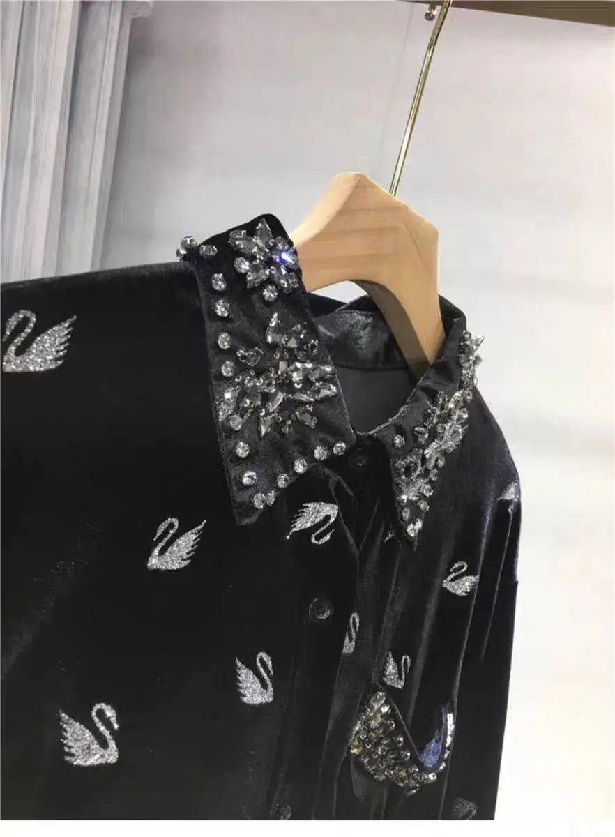 New In 2024 Autumn Diamonds Collar Hot Drilling Sparking Shirts and Blouse For Woman Black Top Blusas Women Clothes