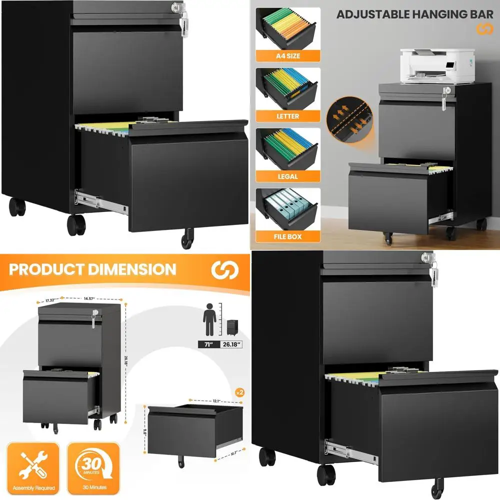 

Secure Rolling 2-Drawer Metal File Cabinet for Home Office, Under-Desk Storage for Letter/Legal/A4 Files