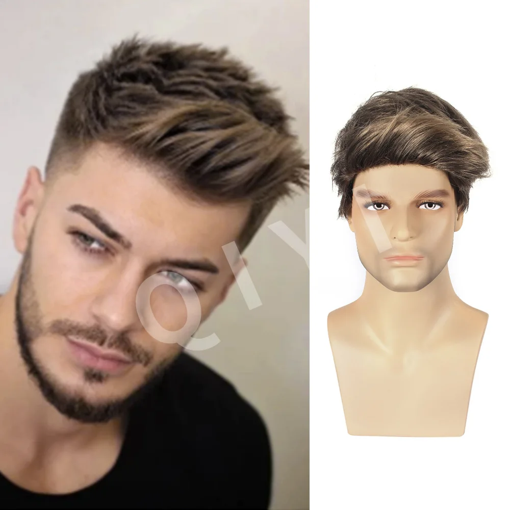 

European and American men's fashion skewed bangs short straight hair brown headgear