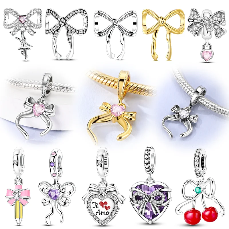 925 Sterling Silver Charms Beads Colorful Bow Box Cherry Pencil Pendants Fit Original Bracelet Women Girls Jewelry DIY Gifts