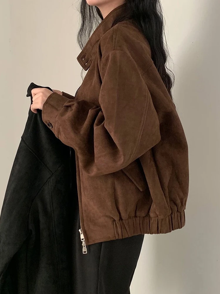 Chaqueta E de Gamuza con Diseño de Ciervo Vintage para Mujer, Estilo Hoado de Media Longitud con Cuello Alto, Abrigo...