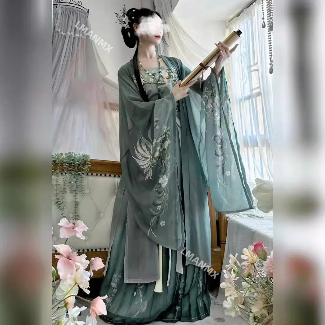 Hanfu Dress Women Chinese Traditional Vintage Hanfu Female Halloween Cosplay Costume Printed Hanfu Green 3pcs Sets Plus Size XL