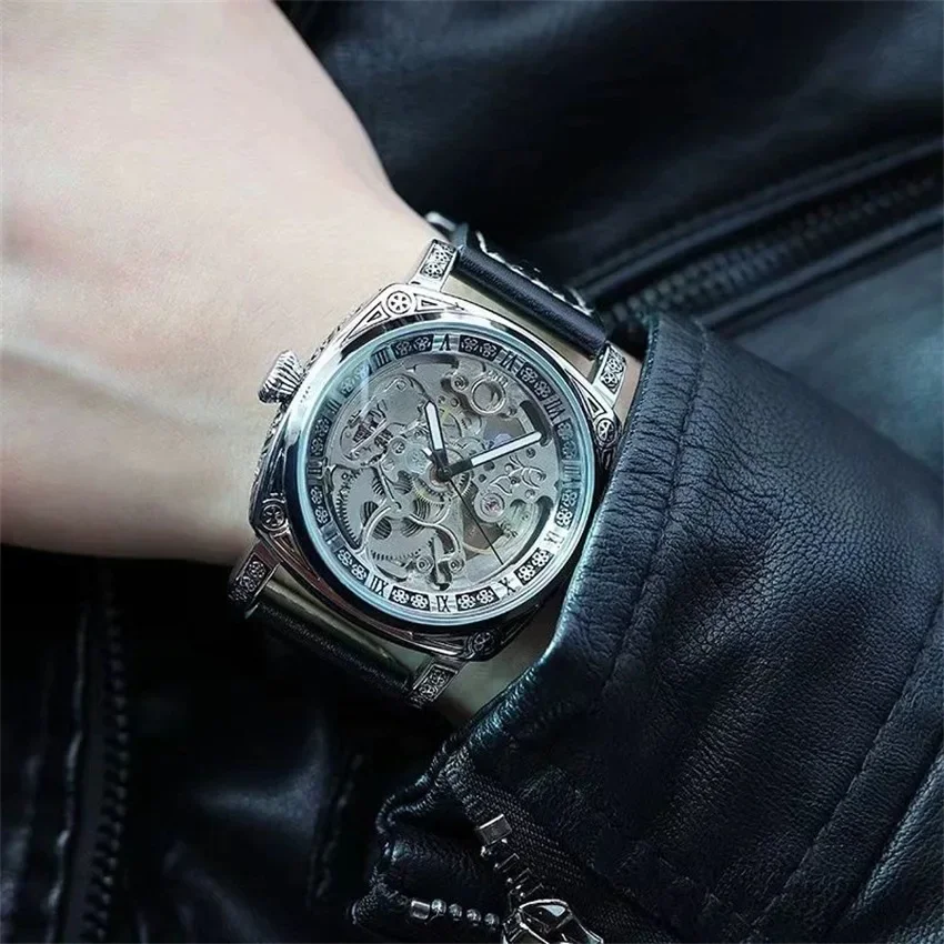 ساعة يد ميكانيكية أوتوماتيكية للرجال منحوتة من العلامة التجارية الأصلية بتصميم مجوف ساعة يد رجالي عصرية فاخرة مع حركة أوتوماتيكية بالكامل