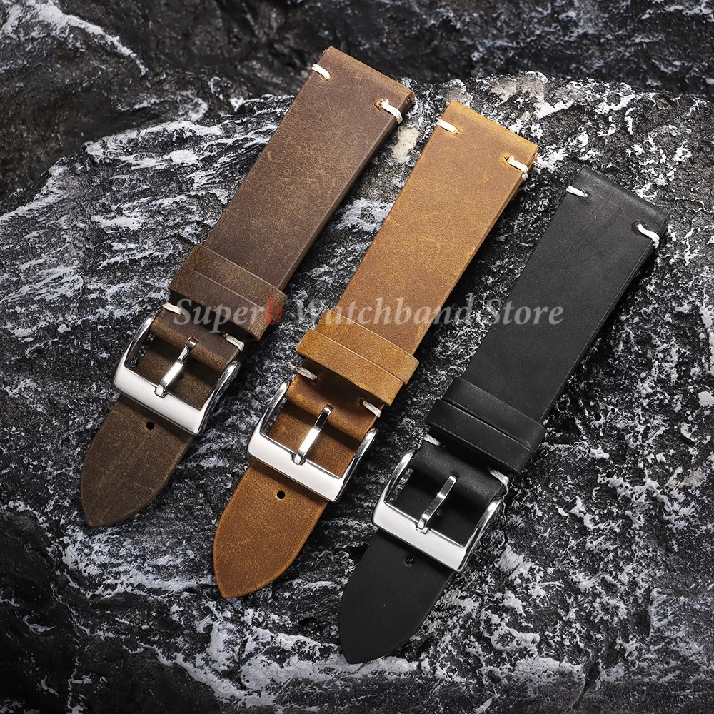 Vintage Ölwachs Leder Uhrenarmband für Seiko Handgefertigte Nähte Rindslederarmband für Omega Smartwatch Armband 18mm 20mm 21mm 22mm
