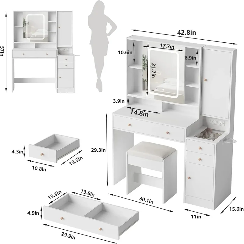 

Elegant Vanity Table with Mirror and LED Lights, Makeup Station Featuring 3 Drawers and Cabinets for Organized Storage