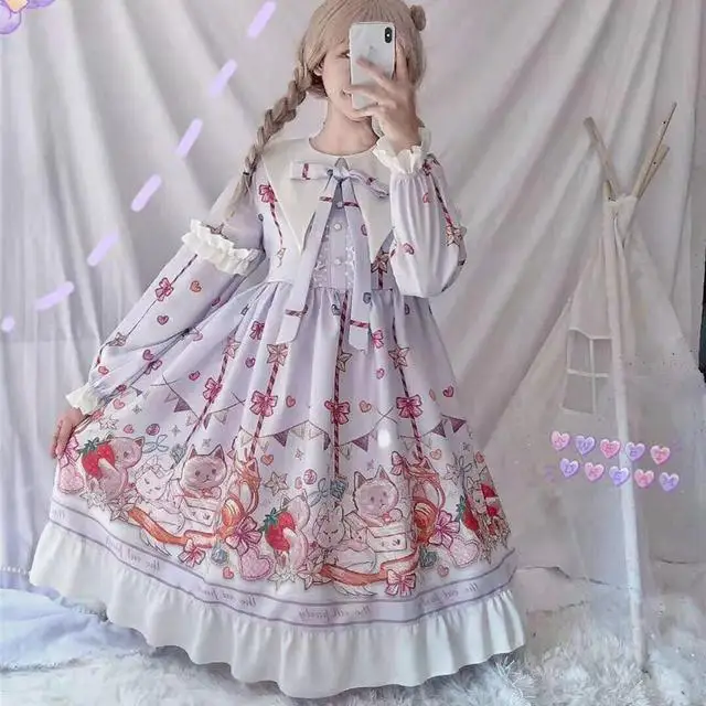Japanese Harajuku In Wondeland Cute Women Lolita OP Dress Flouncing Lace Alice Trim  Long Sleeves Doll Teen Dress Fairy Vestidos