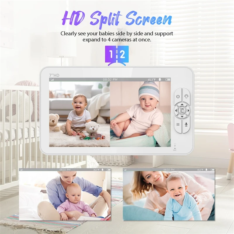 7 Inch Video Baby Monitor HD Split Screen with 2 Cameras Pan Tilt 4X Zoom 2 Way Audio Night Vision 4000mAh Battery Babysitter