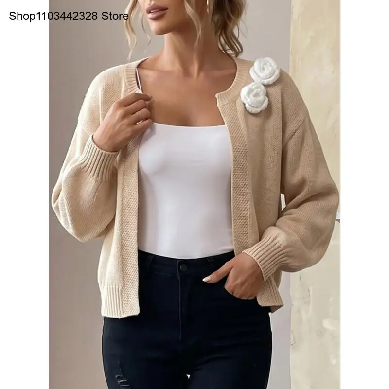 Women's High-End Elegant Monochrome Heavy Three-Dimensional Hand Crochet Flower Knitted Cardigan Jacket for Women
