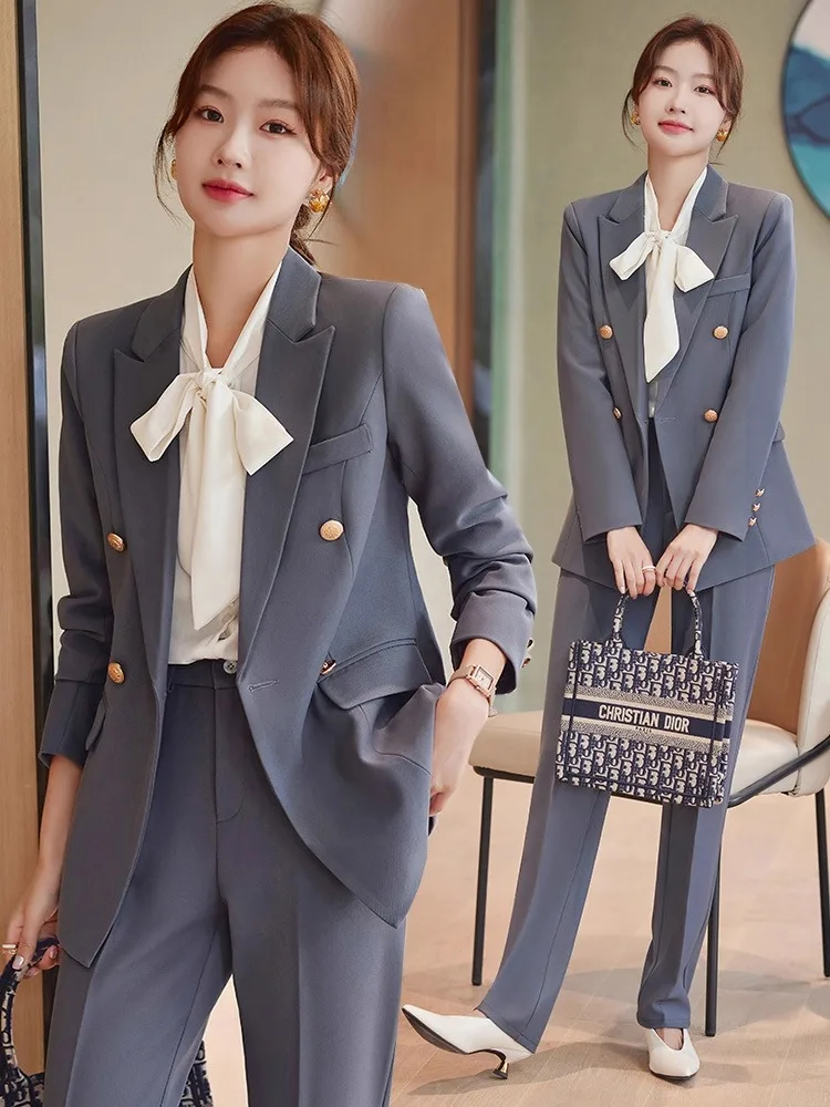 

Gray Suit Jacket Women's Casual Workwear Standard Edition Commute Style Double Breasted Long Sleeve Pure Color Polyester Fiber