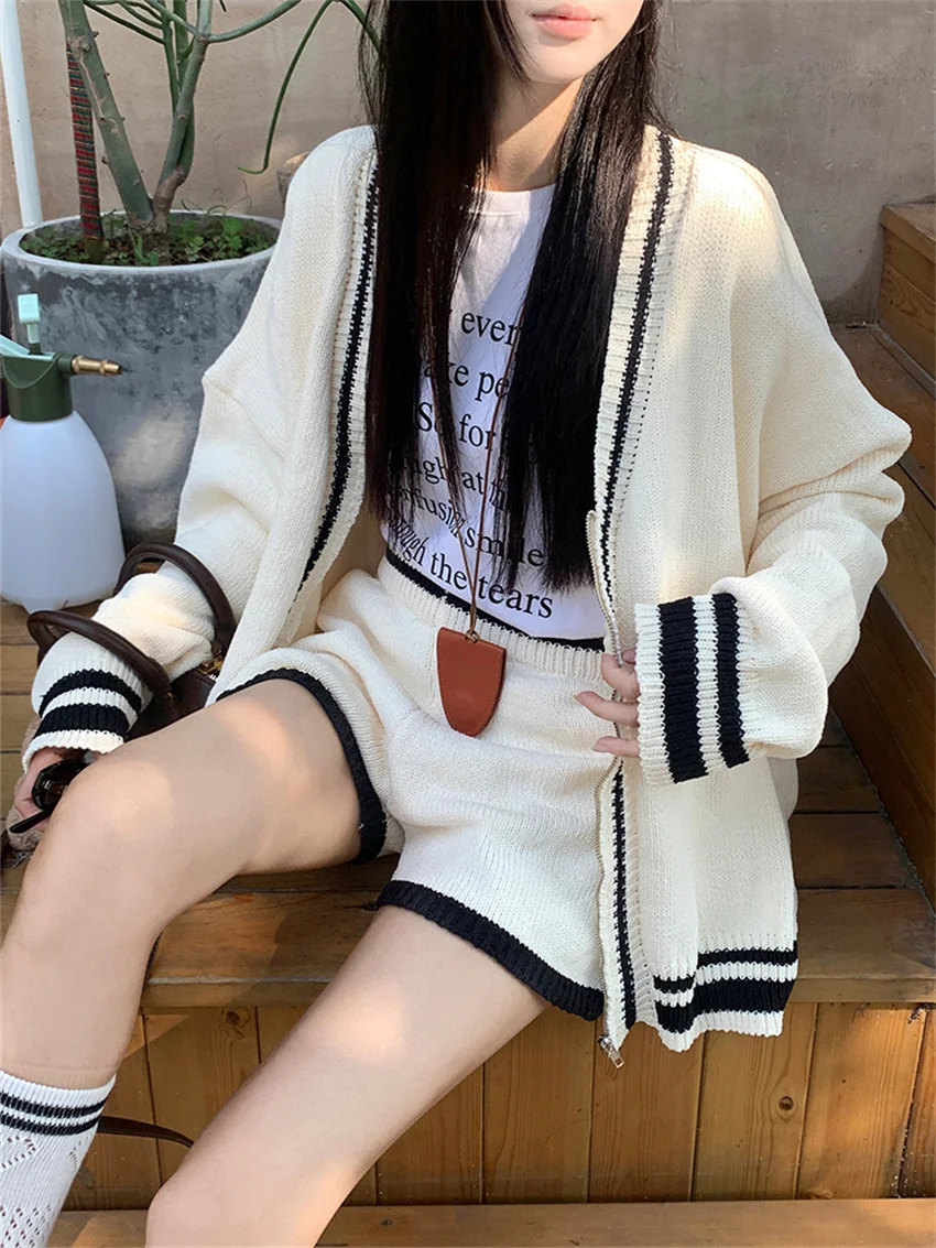 PLAMTEE Chic Sweet Knitted Suits Women Minimalist Oversize Sweaters Loose New Autumn Shorts Sweet Girls Sets Office Lady Casual