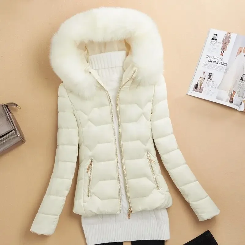 

Parkas Women Slim Fashion Zipper Jacket Coat Large Fur Collar Short Cotton Padded Clothing YTNMYOP