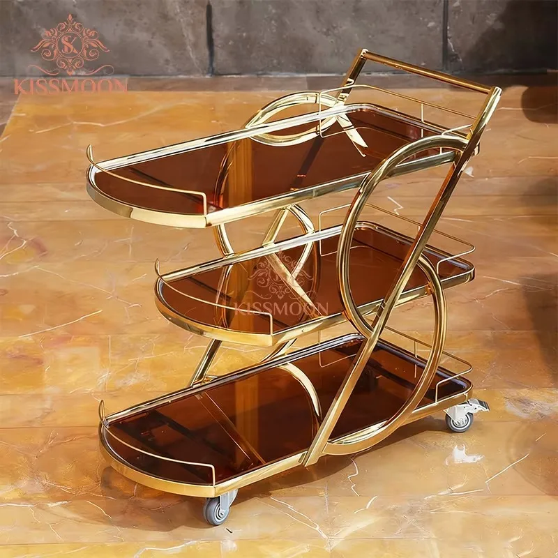 Italian Modern Luxury Golden Stainless Steel Restaurant 3 Tier Tempered Glass Tea Wine Food Serving Trolley