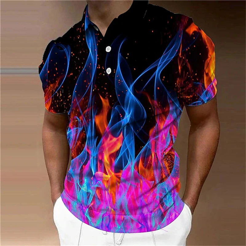 Camiseta Polo de Moda para Hombre, Camiseta de Golf con Estampado 3D de Llamas Coloridas, Camiseta de Manga Corta para Hombre, Ropa Deportiva Urbana Nueva para Hombre