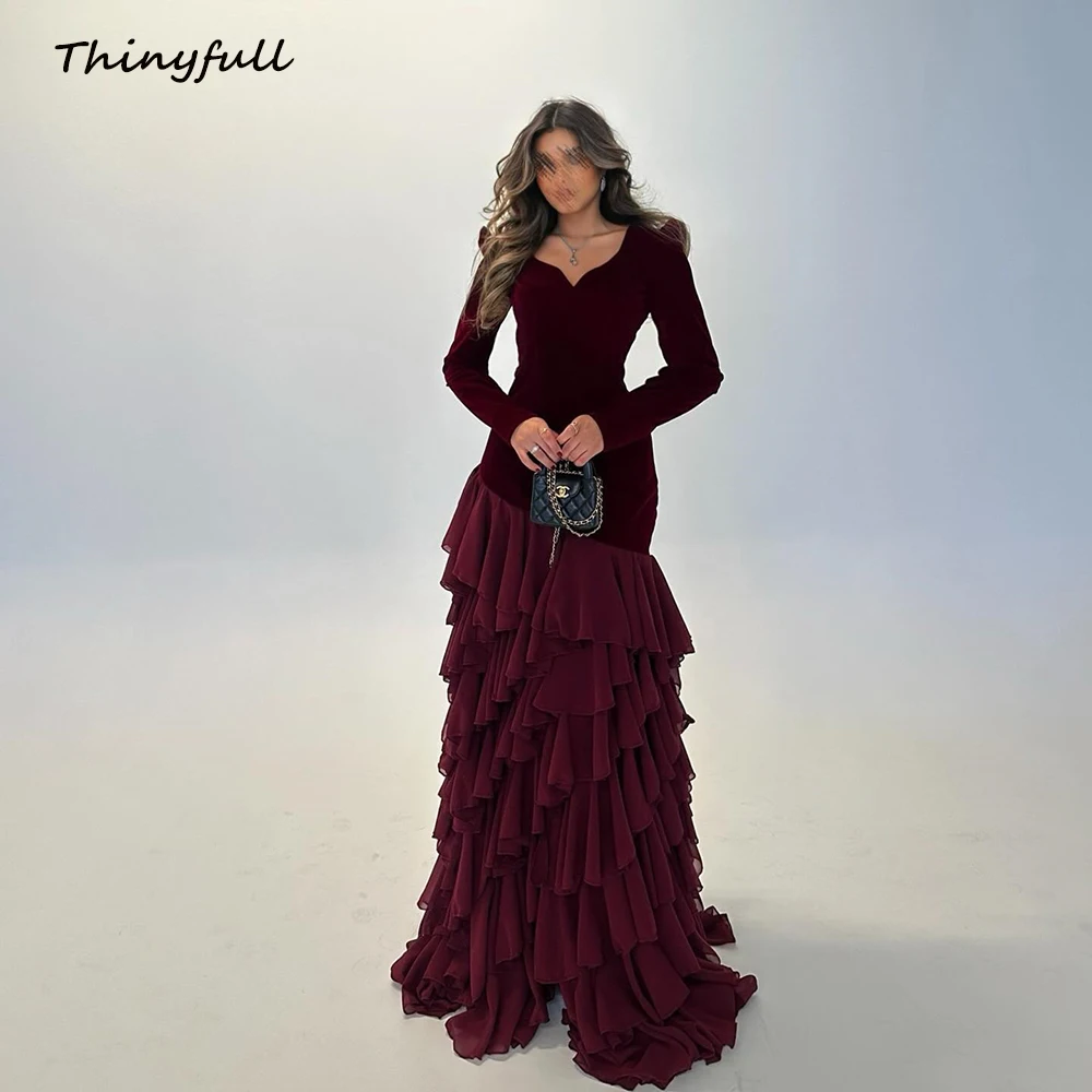 

Thinyfull Mermaid Satin/Chiffon Prom Dress Full Sleeves Ruffles Evening Party Dress Arab Formal Gown robes de soirée Customized