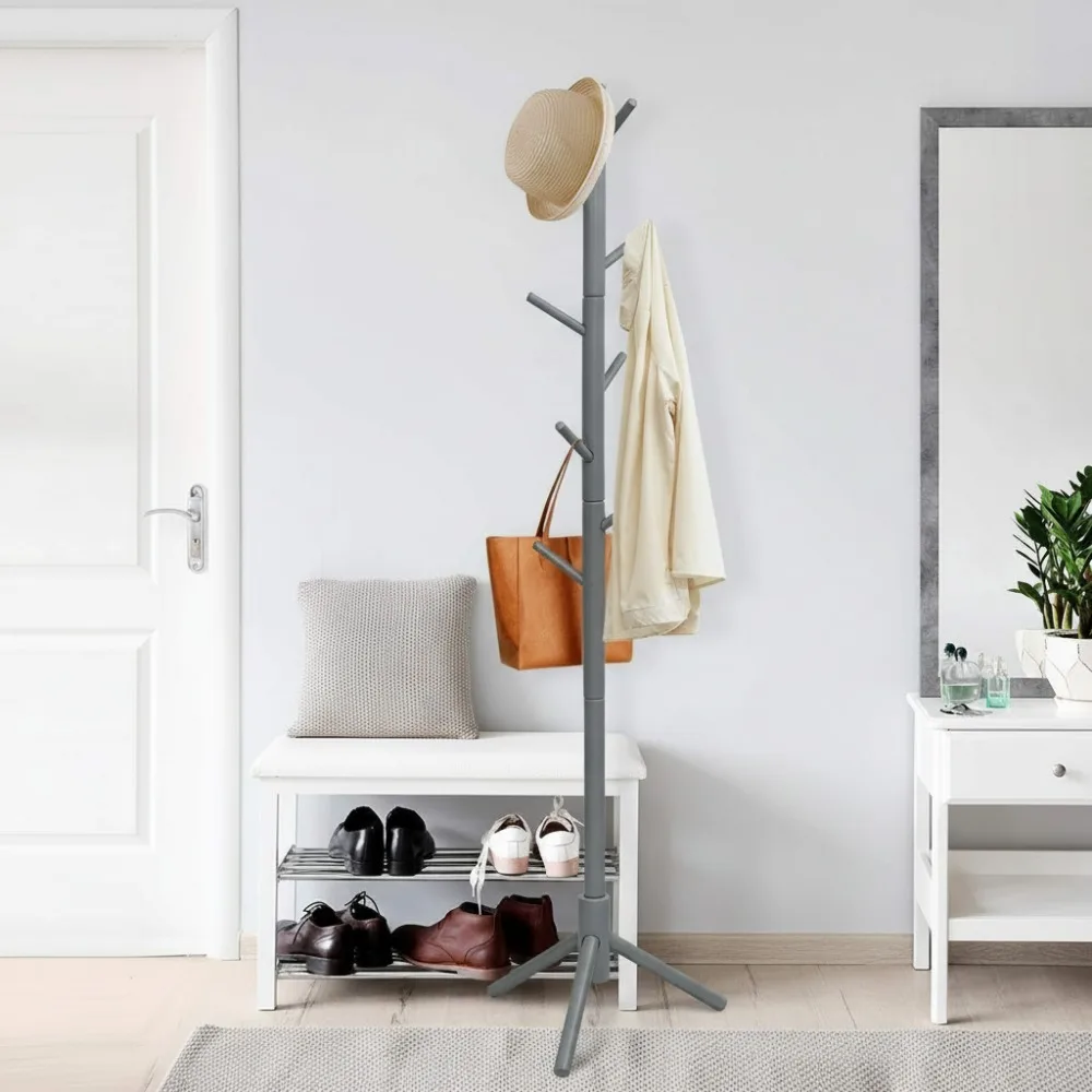 

Вешалка для одежды с регулируемой высотой и 8 крючками, отдельно стоящая вешалка из резинового дерева для прихожей, прихожей, спальни