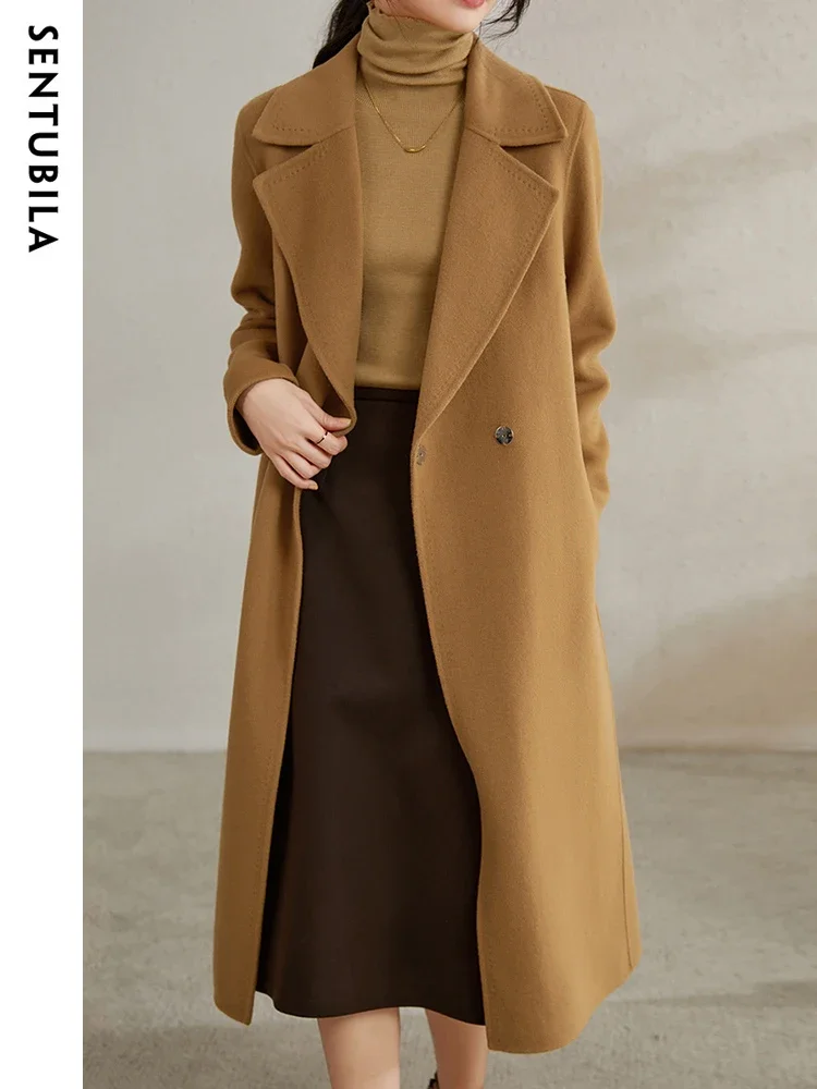 SENTUBILA Women 100% Wool Long Wrap Coat 2024 Elegant Notched Collar Belted Warm Double Faced Woolen Winter Overcoat W24O43352