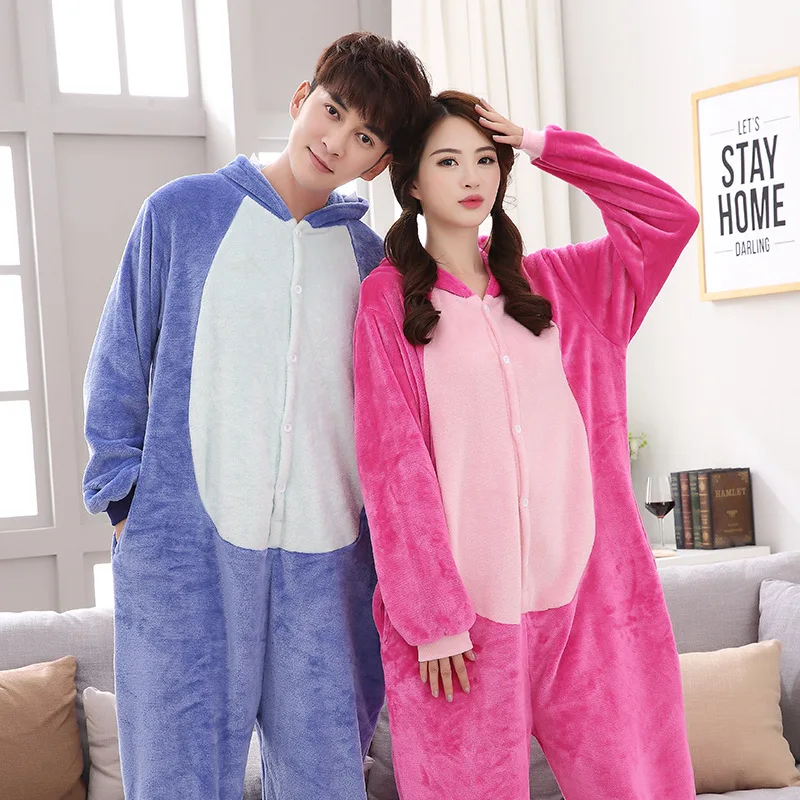 Cartoon One-Piece Flannel Pajamas Spring and Fall Long-Sleeved Homewear Couple Style Can Be Worn by Children to Adults Man Women