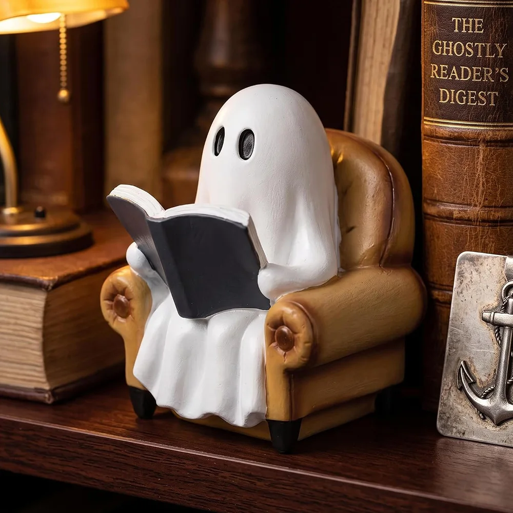 8CM Cute Ghost Reading Book Resin Figurine Halloween Indoor Ornament Spooky Ghost Sitting On Sofa Statue Unique Tabletop Decor