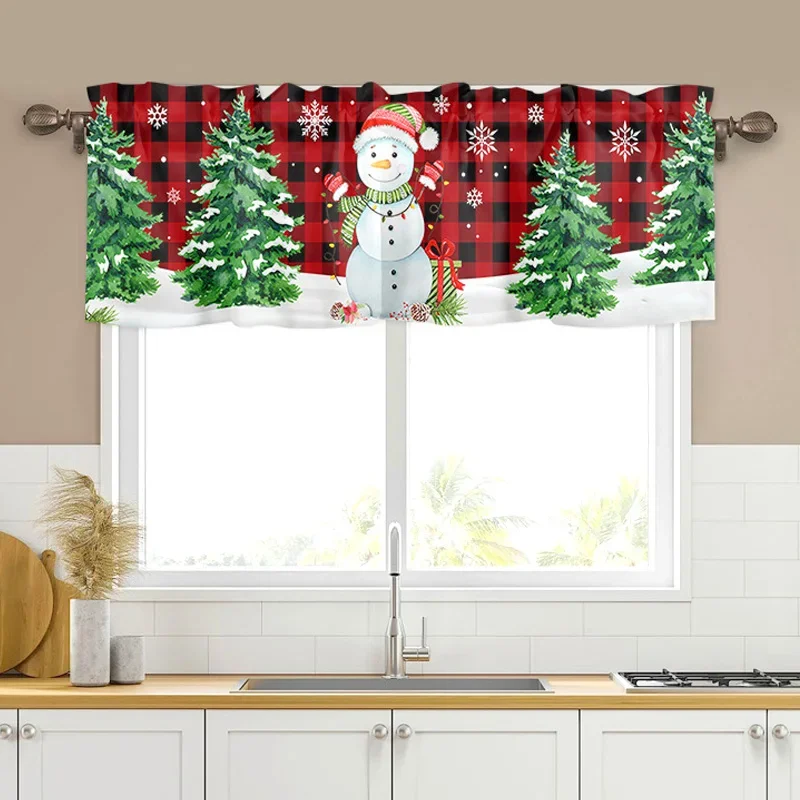 Christmas Decoration Snowman Snowflake Pattern Tulle Sheer Short Curtain for Xmas New Year Home Window Decorative Supplies