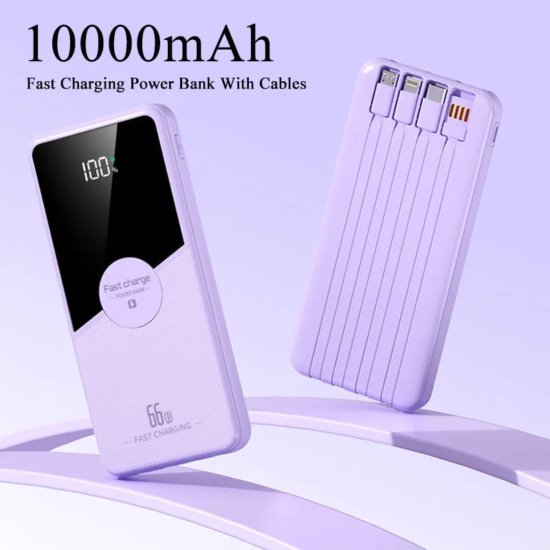 10000mAh Power Bank With 4 Cables 66W Fast Charging Portable External Battery Charger for iPhone 16 15 14 Samsung Xiaomi Huawei