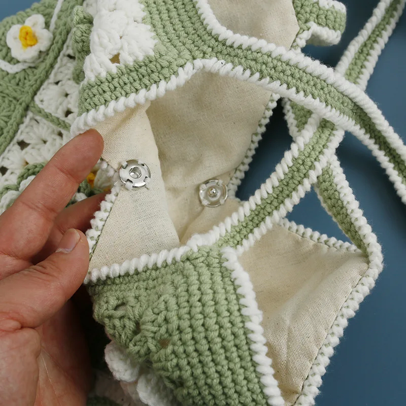 Kawaii Floral Crochet Tote Bag, Hand Woven Hollow Out Granny Square Casual Messenger Bag