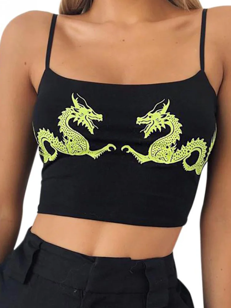 Women Casual Dragon Pattern Crop Tops Summer Cropped Sexy Tight Attractive Fitness Polyester U Neck Fashion Sleeveless Straps