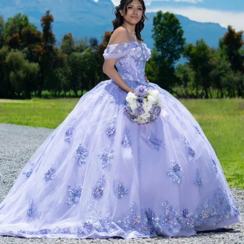 فساتين Quinceanera لامعة من الخزامى قبالة الكتف مزين بالترتر والدانتيل مطرز بالخرز TTull فستان حفلة عيد ميلاد حلو 16