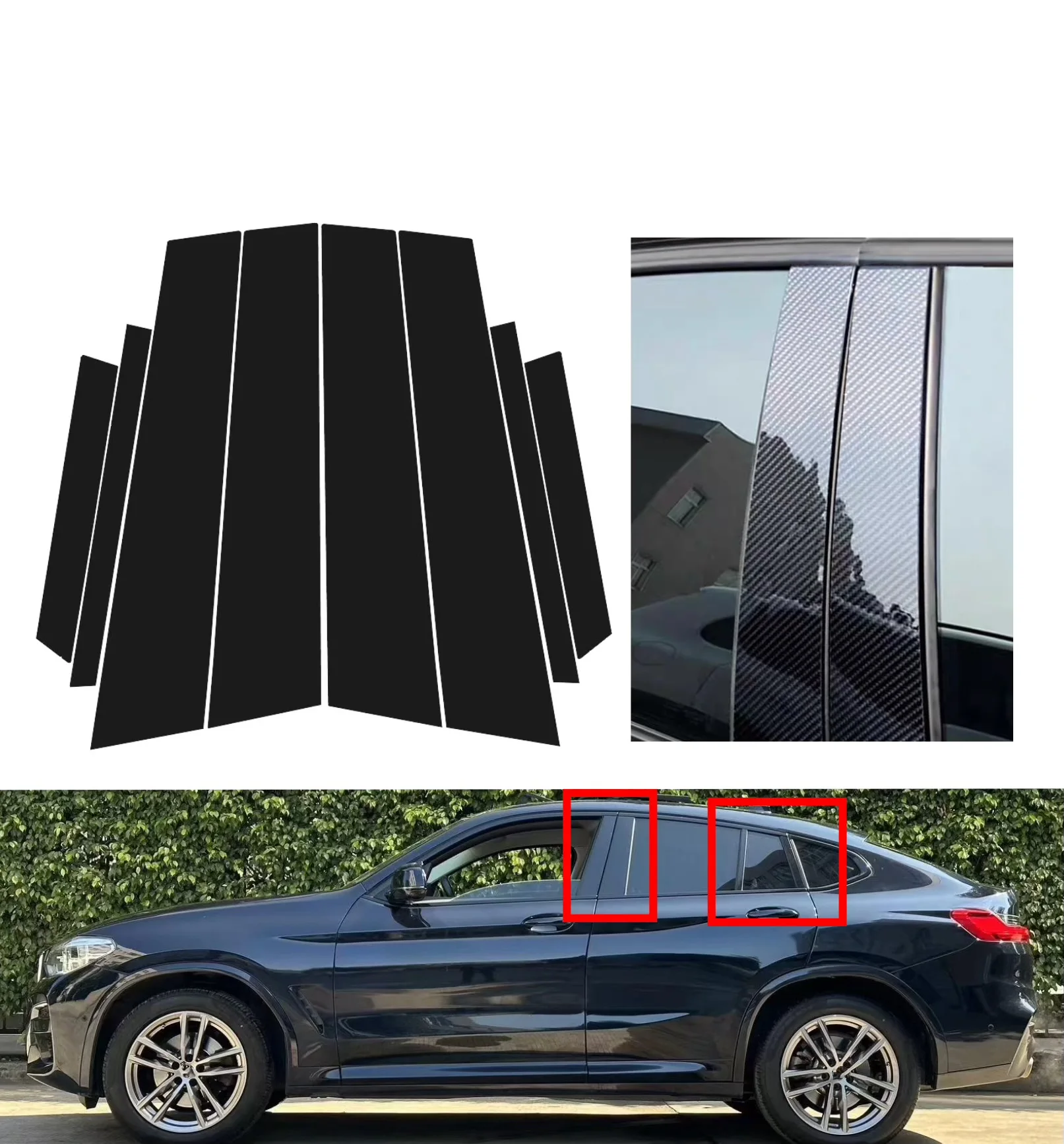 8PCS Gloss Black  Pillar Posts Silver Carbon Fit For  BMW X4 G02 2019 2020 2021  Window Decor Door Side Mouliding Trim Cover