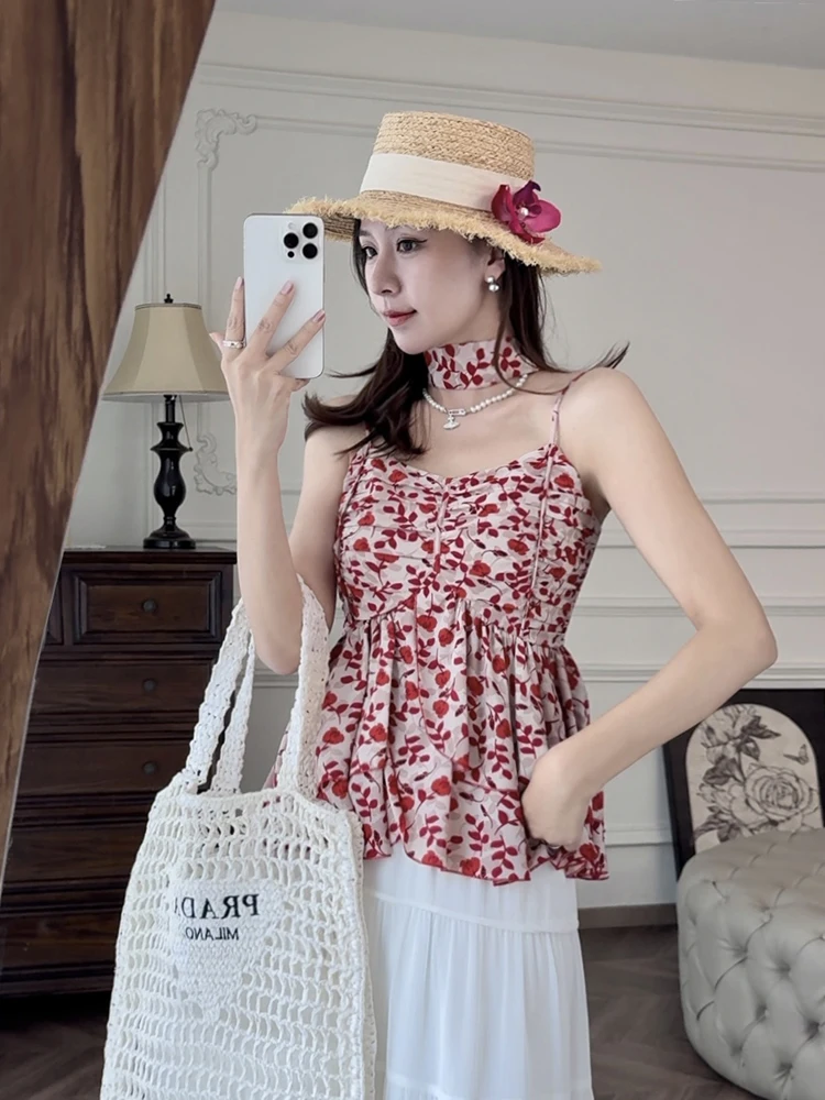 

Красный топ с цветочным принтом, легкий, в стиле ретро, короткий, прямого кроя, из полиэфирного волокна, для повседневной носки, женский топ на бретельках