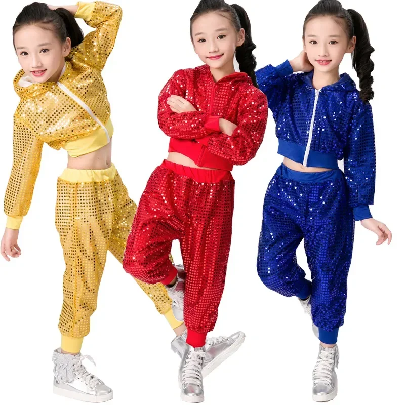 Girls Crop Top And Pant Performance Outfits Clothes Children Sequins Jazz Dance Modern Cheerleading Hip Hop Costume For Kids Boy