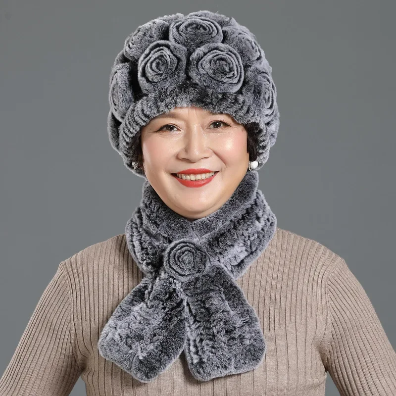 New Women Winter Fur Hat Scarf Sets Natural Warm Real Rex Rabbit Fur Cap Scarves Lady Knitted Warm 100% Genuine Fur Hats Muffler