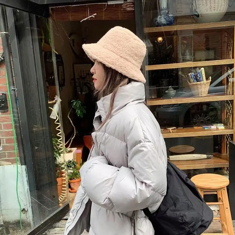 Unisex Harajuku Bucket Hat Solid Men Fishing Fisherman Hat Autumn Winter Lamb Wool Outdoor Warm Panama Cap For Women