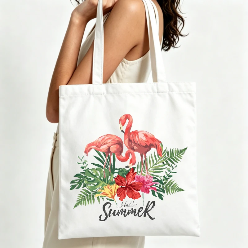 Women's flamingo and tropical flower print canvas tote bag, casual summer shopping and beach outings