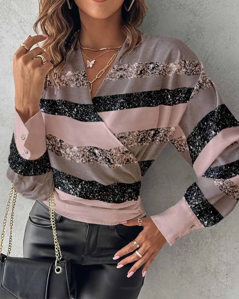 Women Elegant Solid Chiffon Blouse Spring Summer Casual Long Sleeve V Neck Loose Shirt Office Lady Tunics Oversized Tops 2023