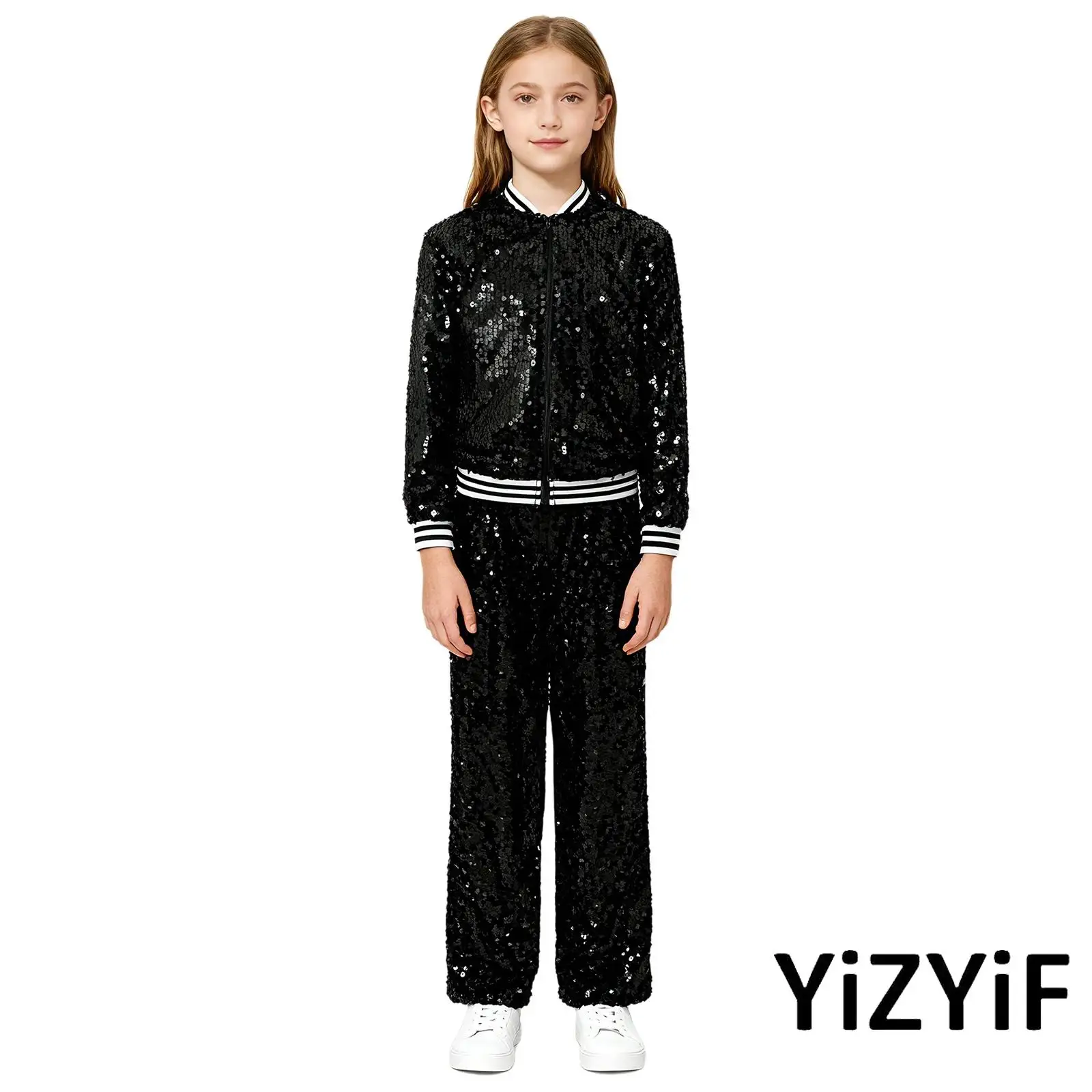 

Kids Girls Dazzling Sequin Baseball Set with Full Zip Jacket And Matching Pants Stage Jazz Disco Outfit for Dance Performances