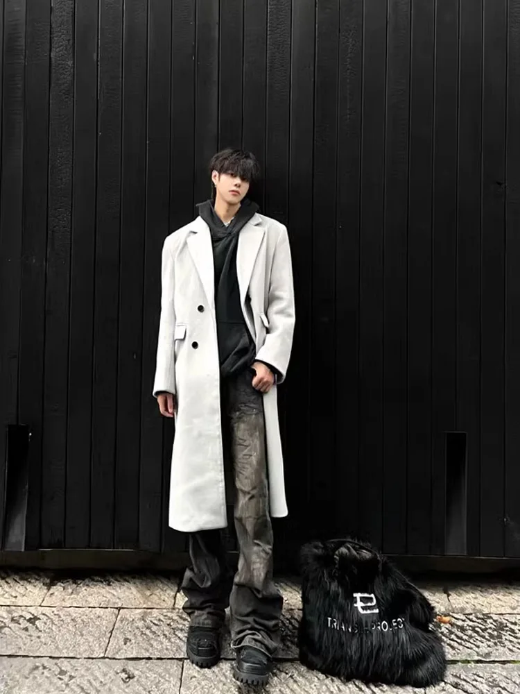 

ay Korean Sle Men's Woolen Coat Mid-Length Thiened Autumn Winter High-End Feeling Knee-Length Tweed Windbreaker Jaet