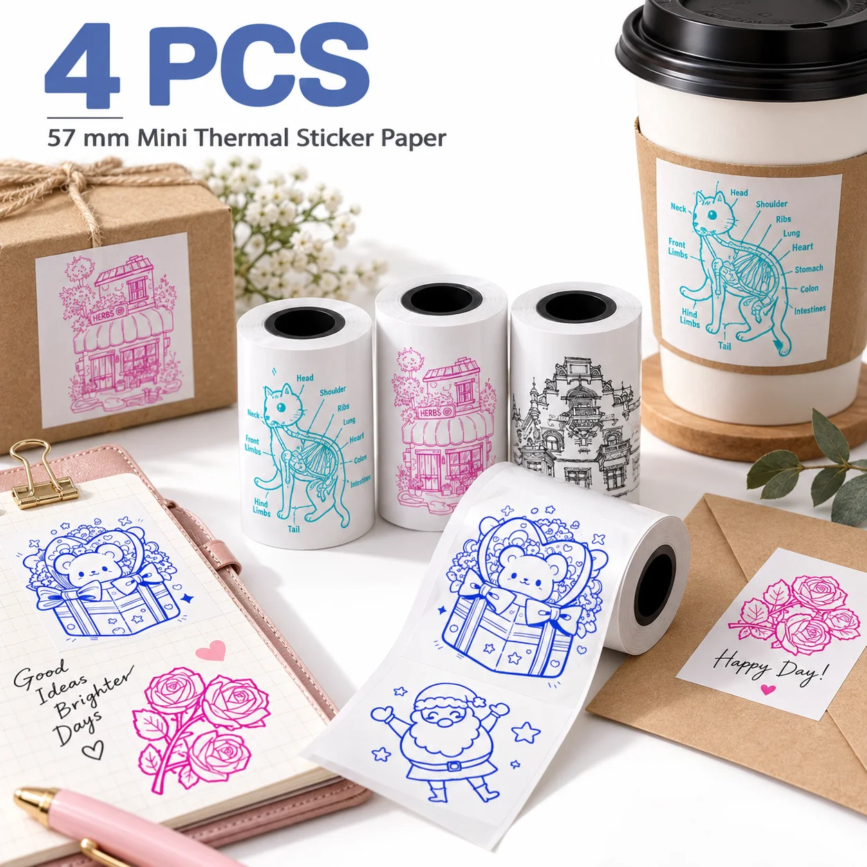 Colored Transparent Thermal Label Paper Roll Self Adhesive 57mm Compatible for Mini Portable Printer Kitchen Office Tag